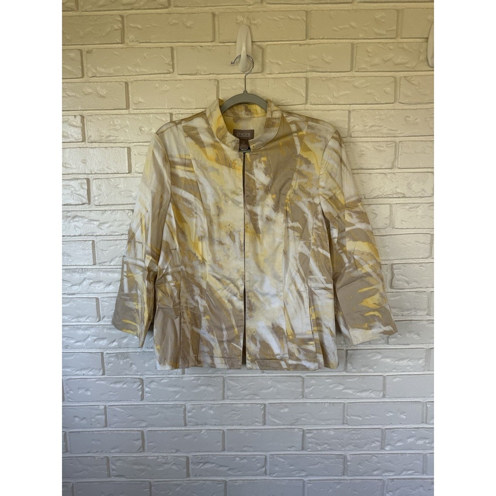 Chico's Artsy Hook Front Blazer Jacket Size 2 Beige‎ Yellow Brushstroke Print